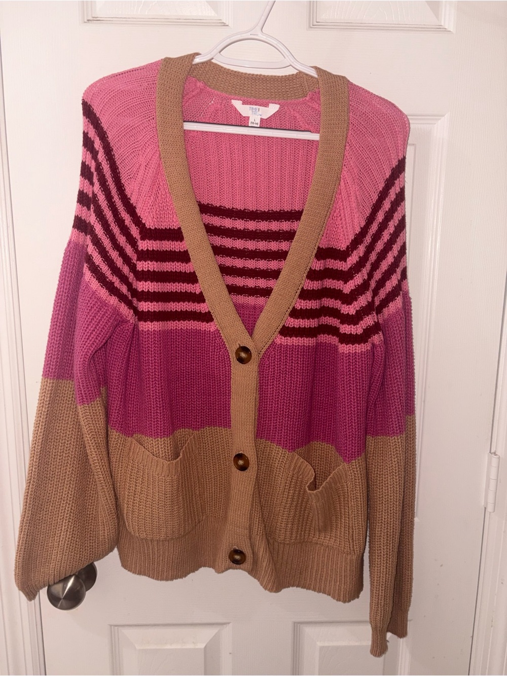 Time and Tru Striped V-Neck Button Cardigan - Pink, Magenta & Tan
